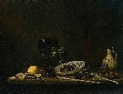 Jan van de Velde Still life with wineglass, flute glass, earthenware jug and pipes Spain oil painting artist